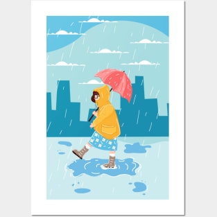 Girl Walking In Rain Day Posters and Art